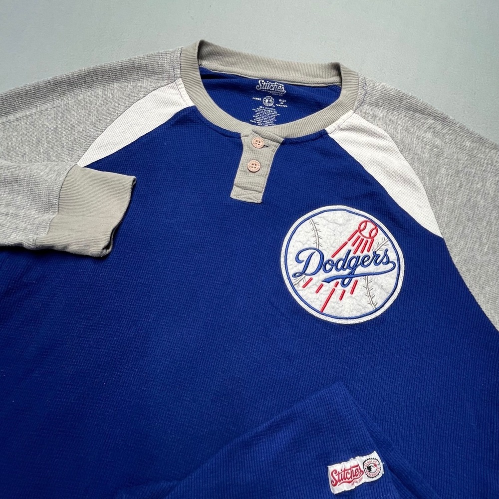 Stitches Los Angeles Dodgers Henley Shirt Mens‎ Large Blue Grey Waffle Knit MLB